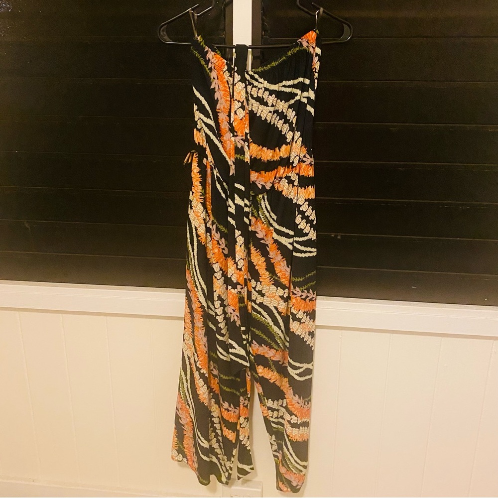 Hawaiian Floral Sleeveless Jumpsuit in Black with matching waist tie